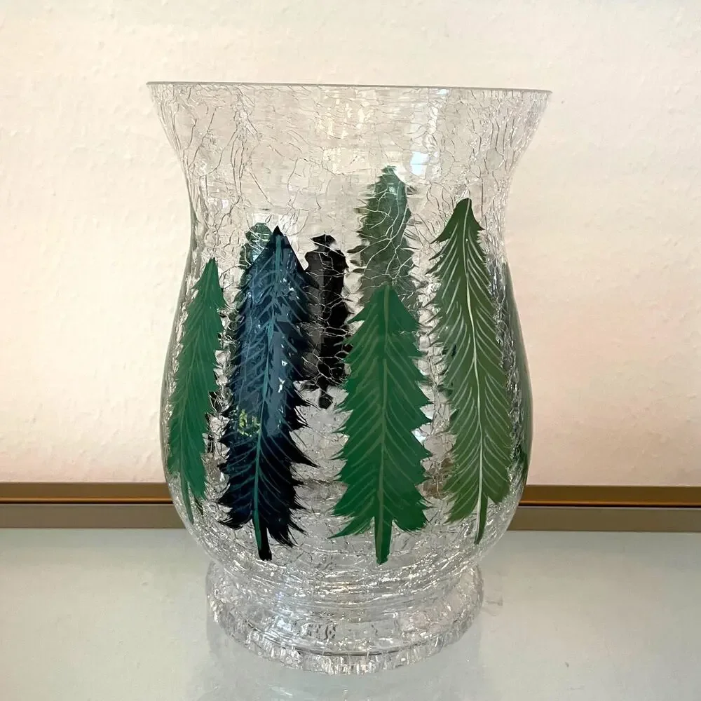Christmas Pine Tree Crackle Glass Hurricane Candle Holder 8 x 5.5 Holiday New
